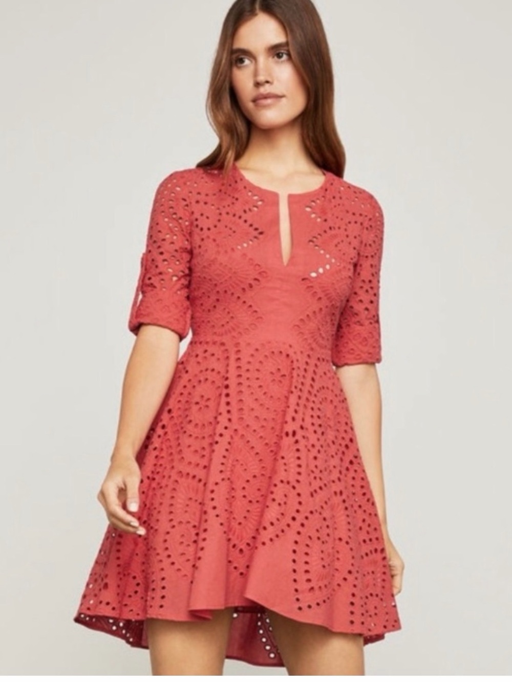 BCBGMAXAZRIA "Kallie" Coral Pink Cotton Eyelet Fit & Flare Dress